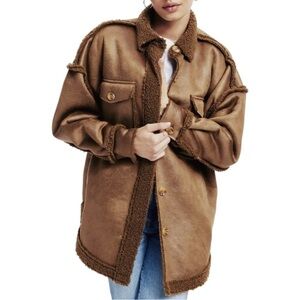 New! Good American Faux Suede Shearling Sherpa Coat Oversized Cozy Shacket